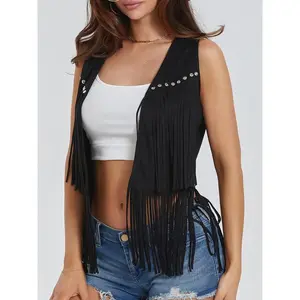 Women Hippie Waistcoat Vest Lightweight Solid Color Open Front Sleeveless Jacket with Tassel for Streetwear Outerwear Faux Suede Tassel Vest Fashion Rivets Fringe Waistcoat Open Front(Raincoats)
