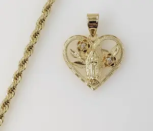 Plated Heart Virgin Mary 4mm Rope/Braided Chain Necklace