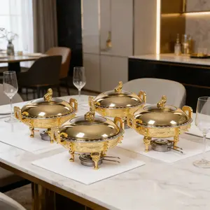 CNCEST 8.7" Traditional Chafing Dishes (Set of 4) Palatial Style Gold Tripod Warmers w/Alcohol Stoves for Catering & Banquets, Home and Party