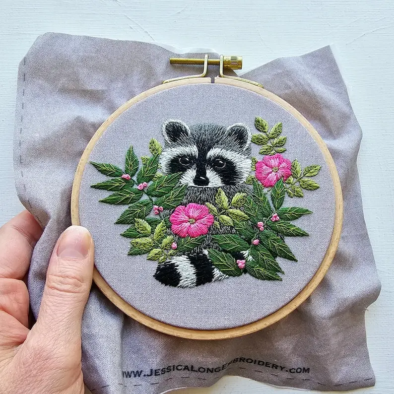 DIY Raccoon Hand Embroidery kit, Animal thread painting template, supplies and online video tutorial