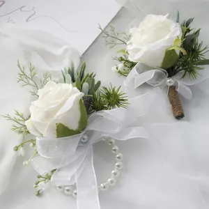 Ivory Rose Wrist Corsage Wristlet Band Bracelet and Men Boutonniere Set for White Wedding Flower Accessories Prom Suit Decorations