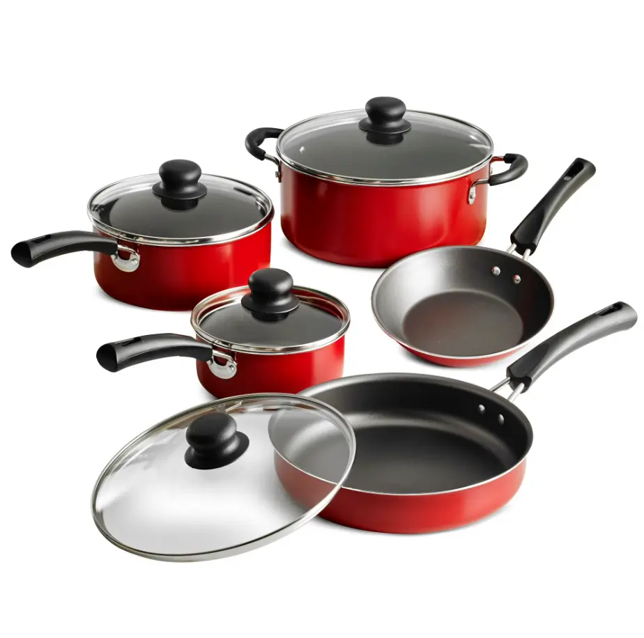 9-Piece Nonstick Red Cookware Set with Pots, Pans & Kitchen Essentials