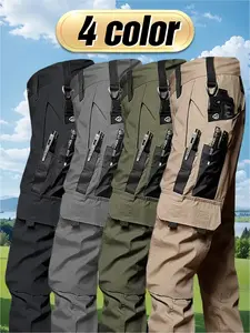 Men's durable outdoor training pants, men's multi-pocket work pants, men's solid color and printed pocket zipper waterproof tactical cargo pants without belt, regular fit sports pocket durable autumn pants.