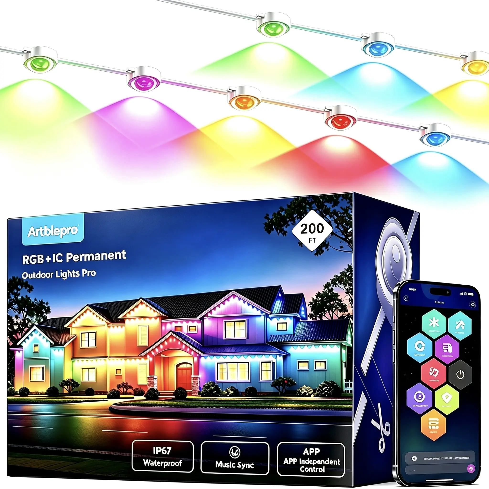 ARTBLEPRO Permanent Outdoor Lights Pro,  RGB+IC Smart LED Eave Lights, Brilliant Flowing Colors Lights, Daily and Accent Lighting, 85 Scene Modes for Patio, Backyard, IP67 Waterproof, for Christmas Halloween Holiday Decor