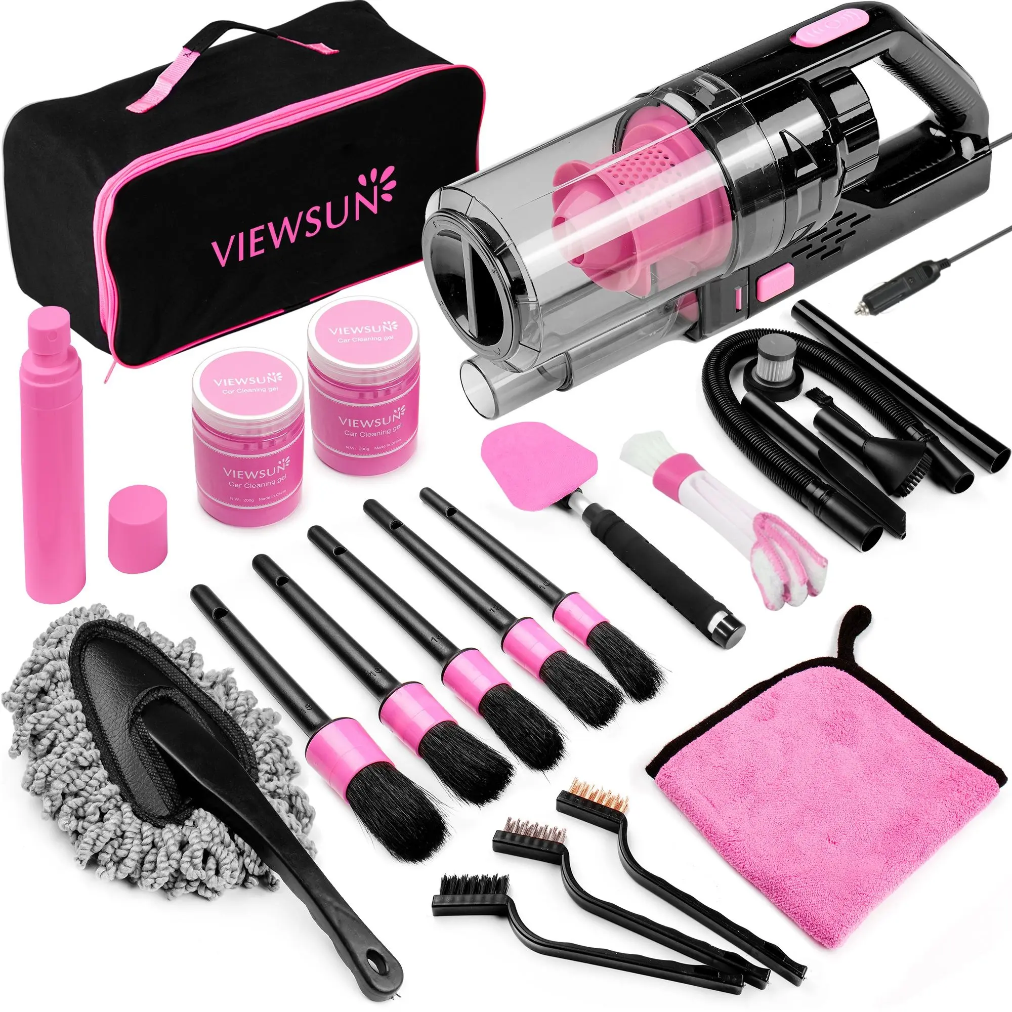 【summerfinds】Viewsun 17pcs Car Cleaning Kit, Pink Car Interior Detailing Kit with High Power Handheld Vacuum, Detailing Brush Set, Windshield Cleaner, Cleaning Gel, Complete Auto Accessories for Women Gift,Summervibes