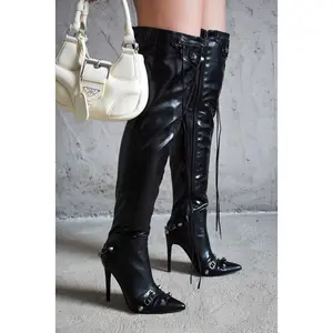 Pofin-2 Metallic Thigh High Pointy Toe Boots - Black