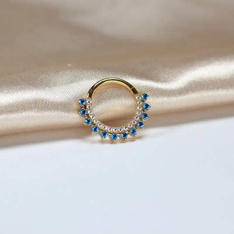 Women's 8mm & 10mm 16g Geometric Septum Ring Clicker - Implant Grade Gold Titanium Hoop, Sparkling Blue Topaz CZ, Secure Click Fit, Easy to Wear Body Jewelry Set for Daith Piercing Daily Use