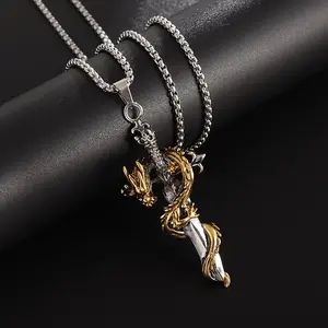 1pc Creative Golden Dragon Cross Sword Pendant Necklace for Men And Women, Daily Street Party Jewelry Gift