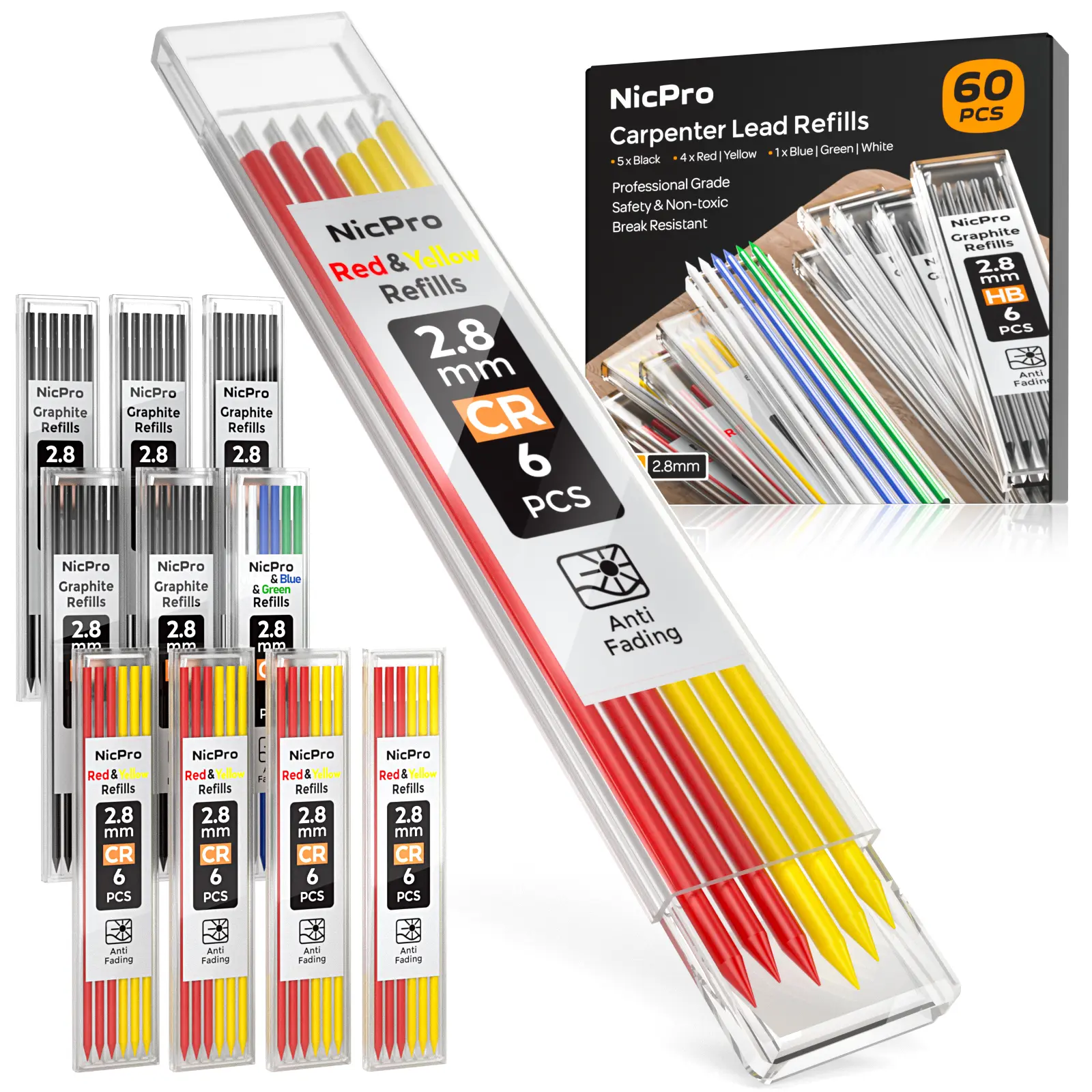 Nicpro 60 Piece Carpenter Pencil Lead Refills 2.8mm, Lead for Carpenter Mechanical Pencil, Break Resistant 2.8 mm Lead for Construction Pencil, Woodworking Pencil (Black, Red, Yellow, Green, Blue,White),back to school,back to school shopping
