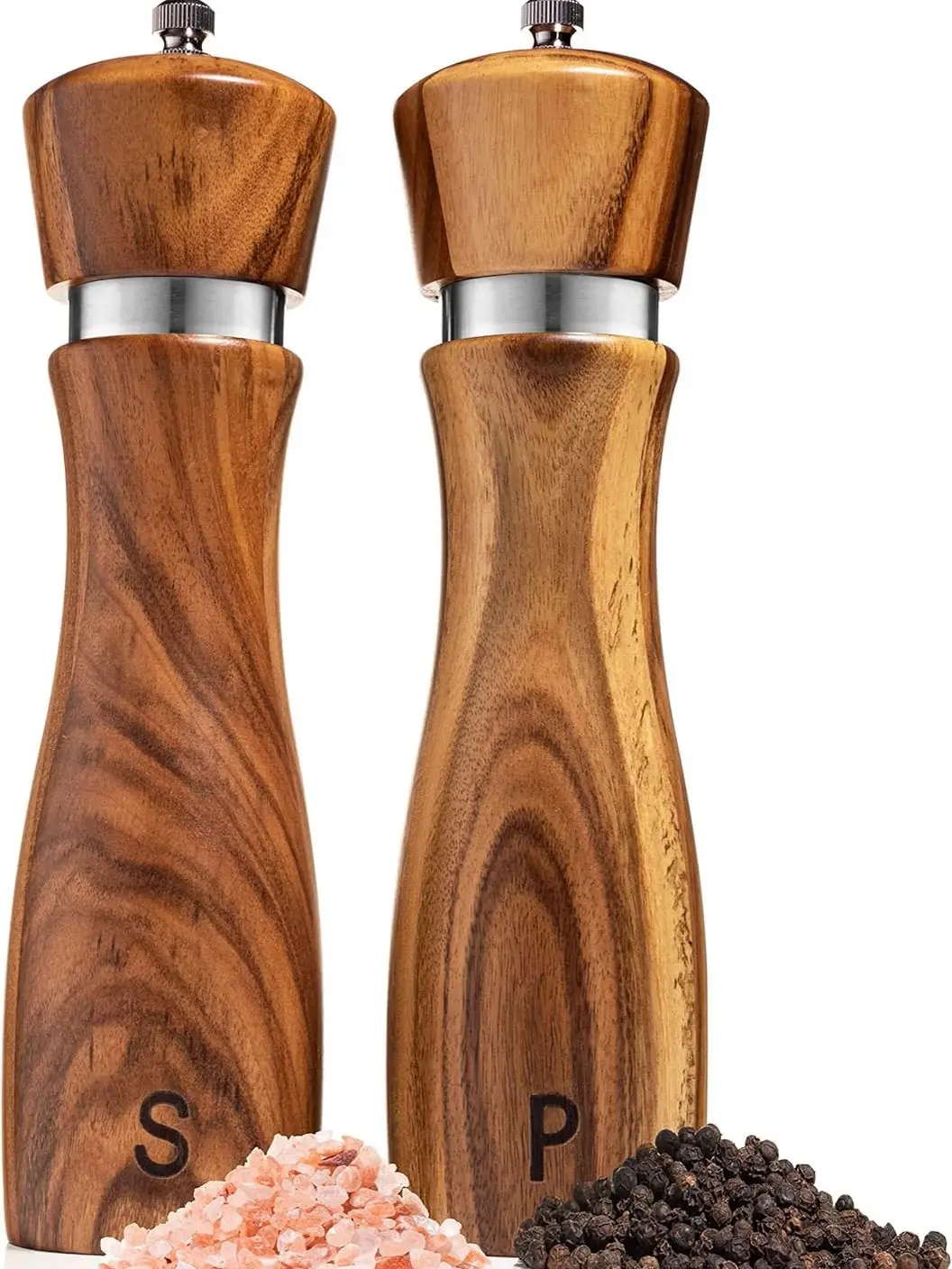 Gennua Kitchen 8-Inch Acacia Wood Salt and Pepper Grinder Set, 2 Pack Manual Kitchen Gadgets for Cooking, Seasoning & Everyday Kitchen Use