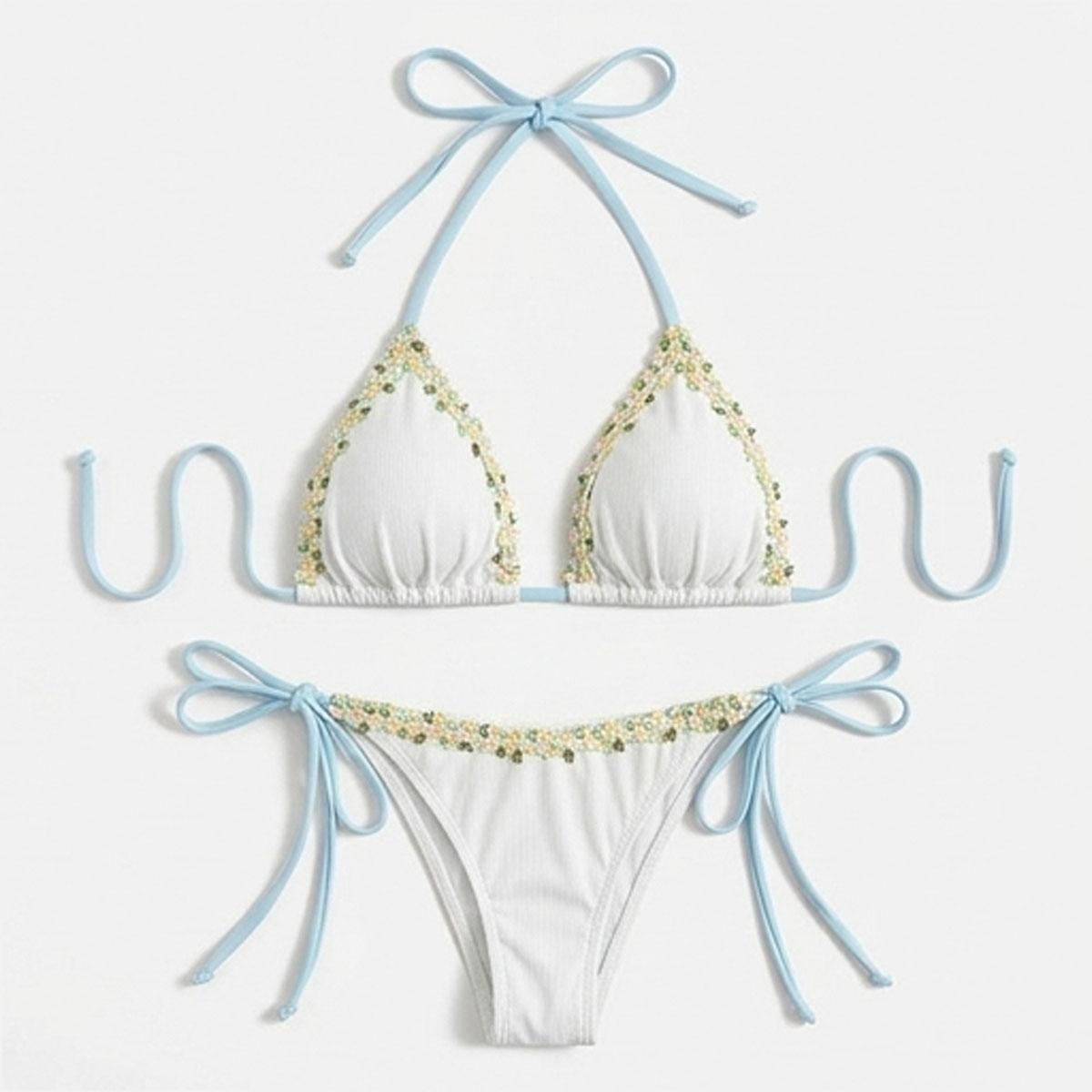 Women's fashionable bikini swimwear set, solid color special fabric floral lace two-piece swimsuit, floral pattern swimsuit. Perfect for beach vacations and pool parties.