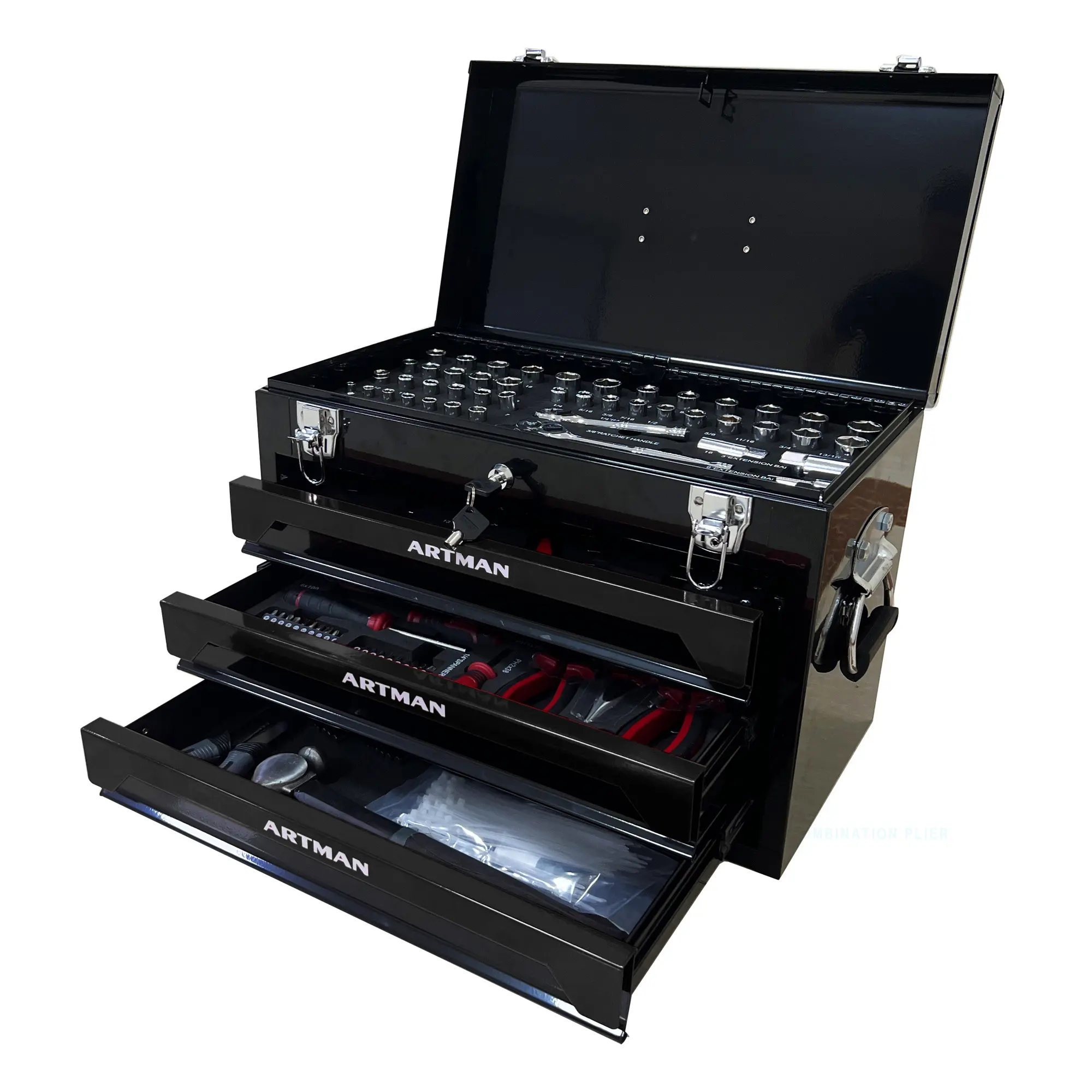 439Pcs Mechanics Tool Set, Industrial hand tool set，Household Tool kit with 3-Drawer Heavy Duty Metal Box, Portable Tool Box for Home/Auto Repair