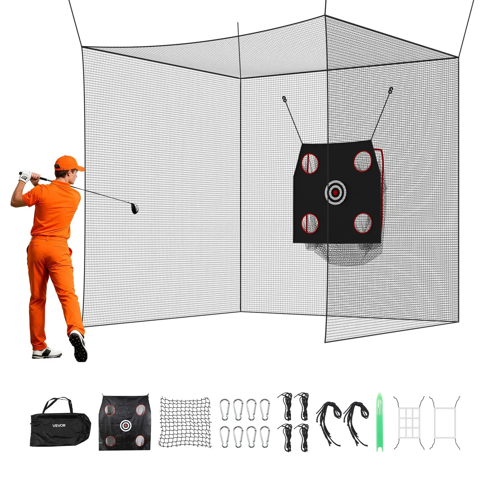 VEVOR Golf Batting Cage, 10x 10x 10 FT Golf Cage, Driving Hitting Cages with 3-Ply Knotless Polyester, Golfs Target 9-Hole Baseball Target, Golfs Hitting Net for Indoor, Outdoor, Backyard