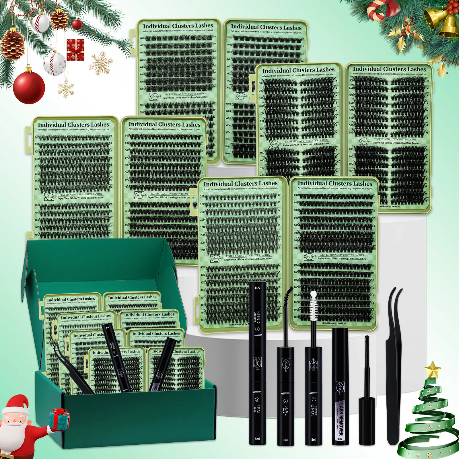 Christmas Gift Box, Fluffy False Eyelashes, Eyelash Extensions Set, 2304PCS Individual Lashes 14 Styles Mixed 10-16mm Wispy/Volume Lashes Kit with Bond&Seal Lash Remover Tweezers, DIY at Home, Soft Comfortable Easy Apply