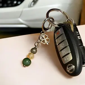 Green Jade, Citrine & Pyrite Keychain - Attract Good Luck, Fortune, Success, Wealth - Four Leaf Clover charm