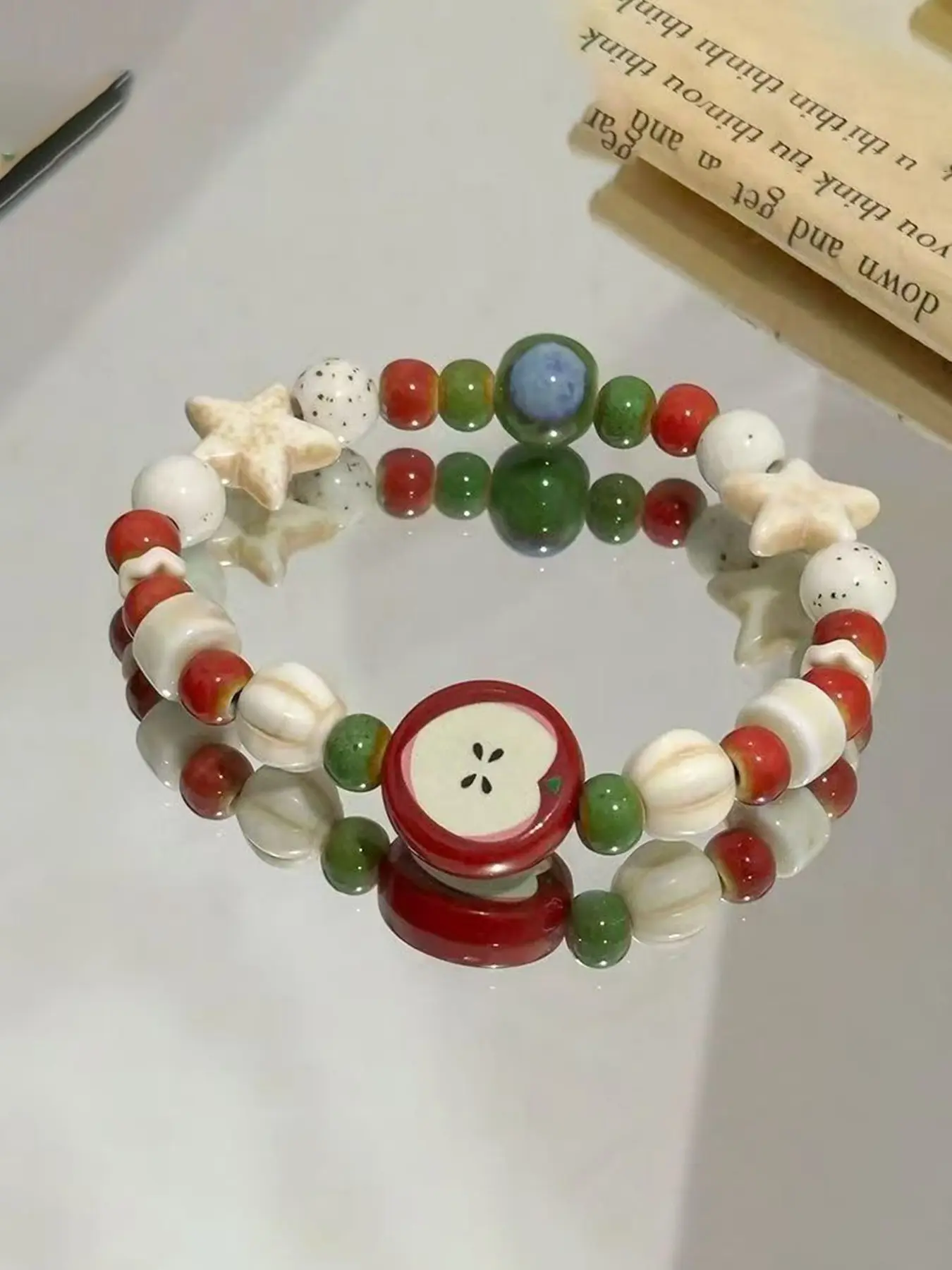 Bracelet with and Ceramics, Ceramic Apple, Feng Shui Good Luck Jewelry for Women, Cute Style, All Seasons, Fashionable Bracelet
