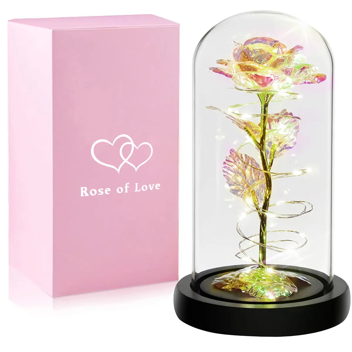 Valentine's Day Artificial Gold-Plated Rose with Creative Plastic Base, Glass Dome, Color Changing LED Light Backlit, Gift Box Packaging – Floral Decor, Romantic Artificial Flowers, Atmosphere Lamp for Bedroom Decor