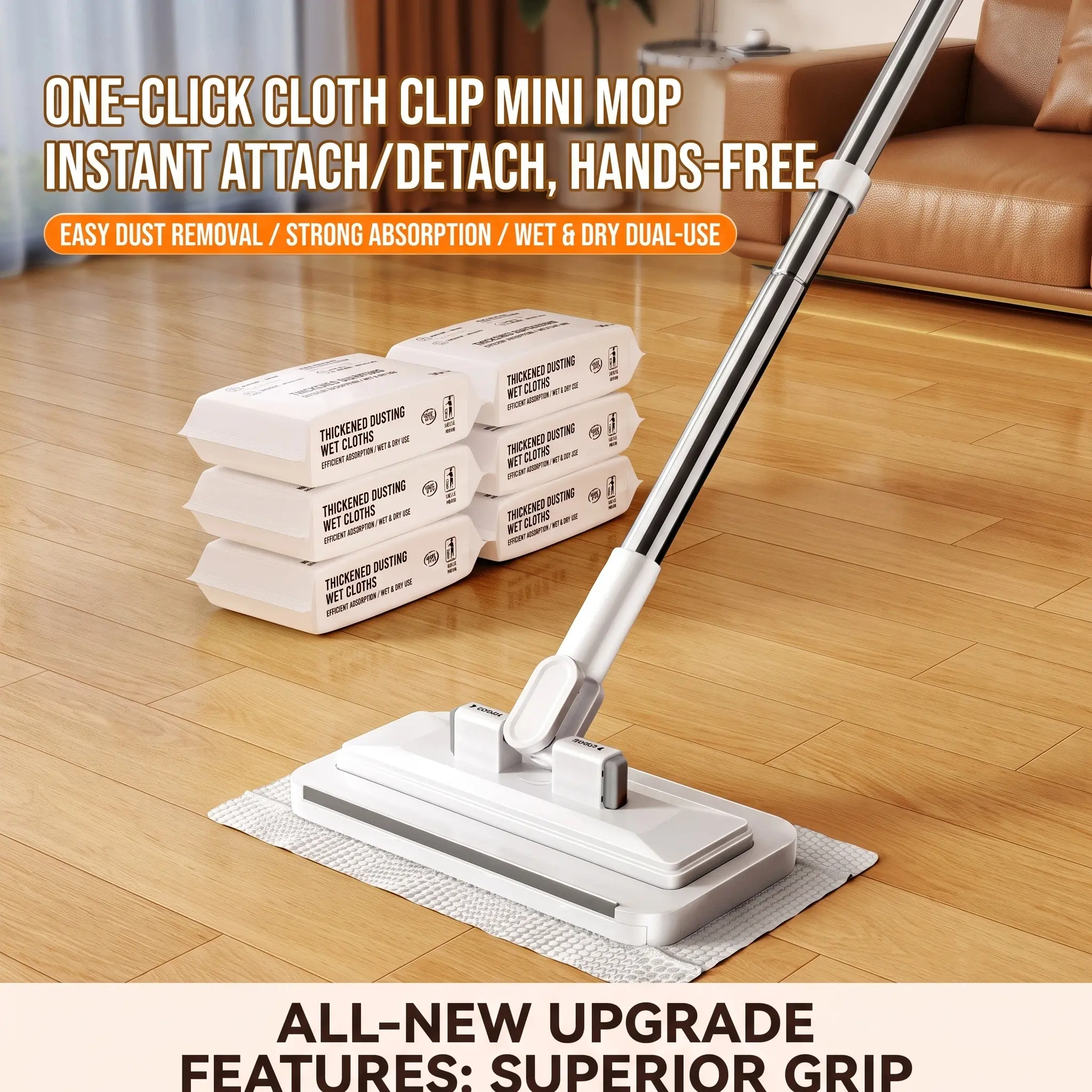 Retractable Disposable Dust Mop, Hands-Free Automatic Clamp, Dry & Wet Dual Use, Replaceable Non-Woven Pads, No Hand Wash, Lazy Household Dust Cleaner for Hardwood Floors, Tile Floors and Baseboards