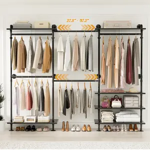 Cyclysio Expandable Pipe Clothing Rack - Wall-Mounted Heavy-Duty Wardrobe, 6 Open Shelves Modular Shelving Multi-Level Organizer with Reinforced Rods, Bedding-Friendly Closet Organization System Kit