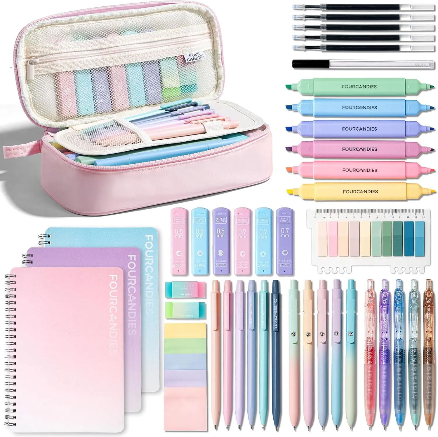 Four Candies 56-Piece Aesthetic Purple Stationery Set, Large Capacity Pencil Case with Pastel Highlighters, Smooth Gel Pens & Mechanical Pencils for School & Office