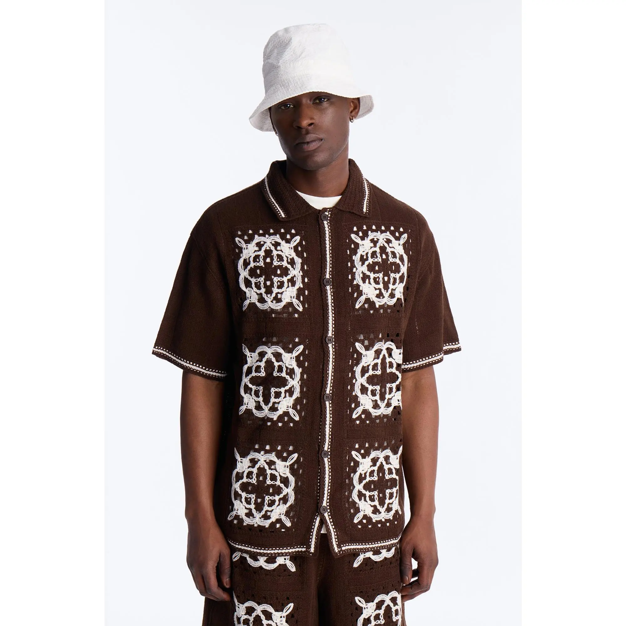 Lido Isle Crochet Button Up Shirt - Brown