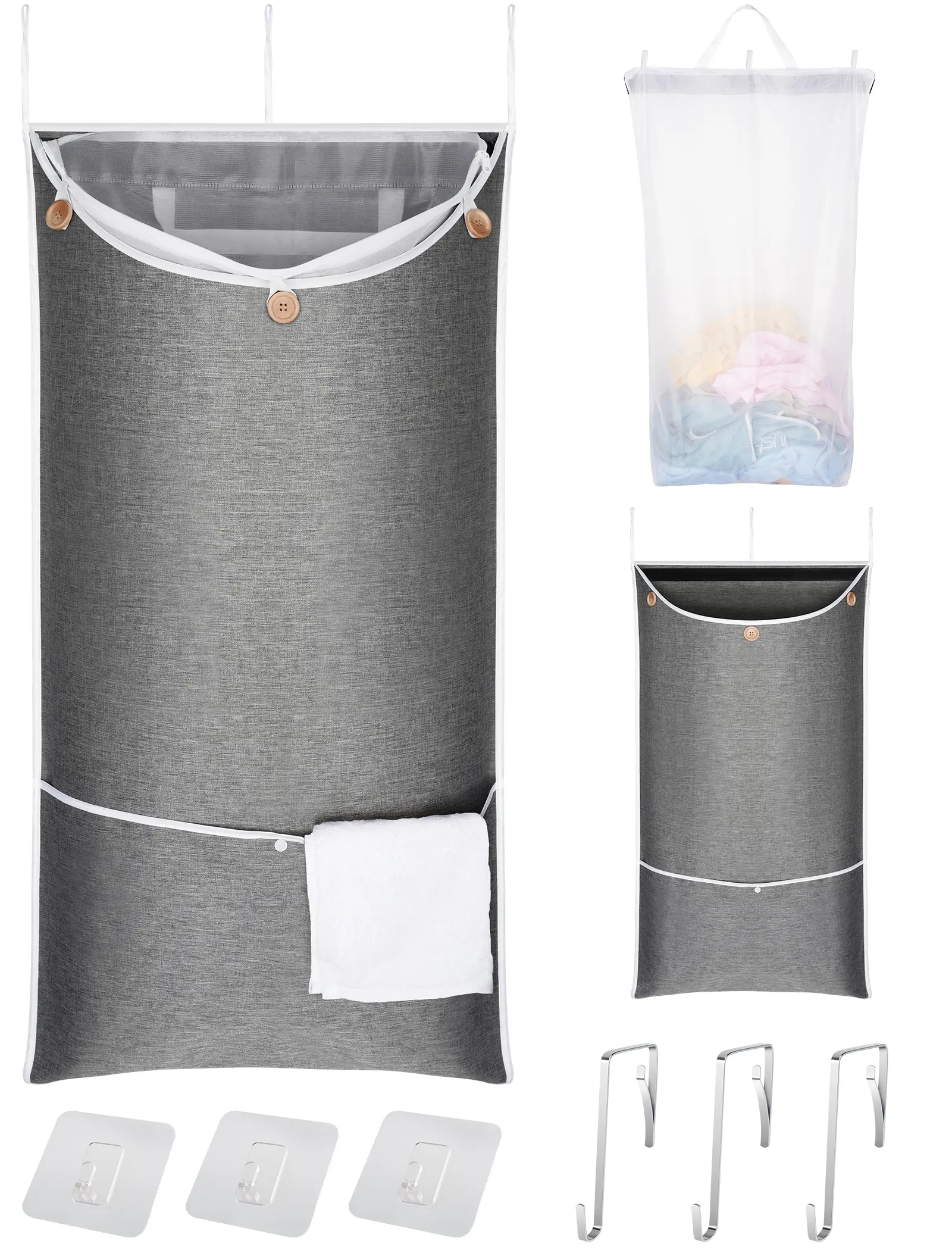 NiHome XL Rectangular Hanging Durable Laundry Basket (39.4in x 22.4in) - 2-in-1 Main + Mesh System with Zip Unloading Delicates Bag, Detachable Pocket for Smalls, Waterproof Composite Cloth, Adjustable Height, 3 Door/Wall Mount Hooks