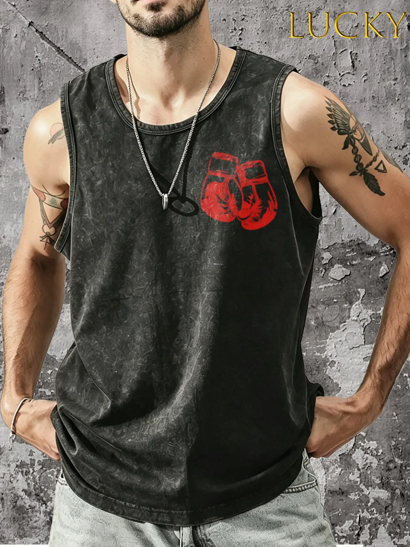 American retro boxing-themed tank top with boxing glove pattern; Boxing Club/MANCHESTER BOXING CLUB classic old-school boxing gym background tank top; American retro cultural classic elements outfit.