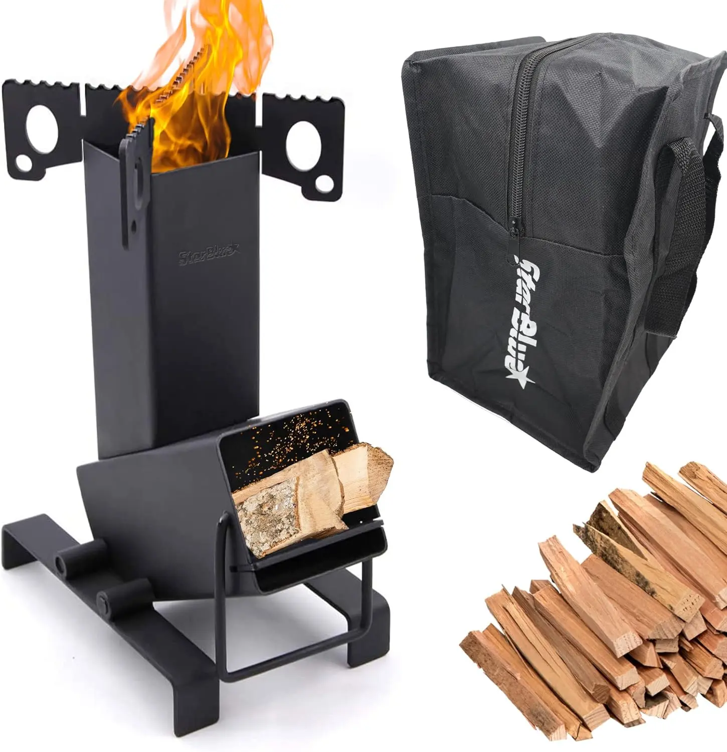 StarBlue Compact Fold-Up Efficient Wood-Burning Rocket Stove - Collapsible, Durable and Rust-Resistant, Large Fuel Chamber, Wide and Sturdy Cook Surface with Free Carrying Bag for Outdoor Camping, Fishing, Picnic