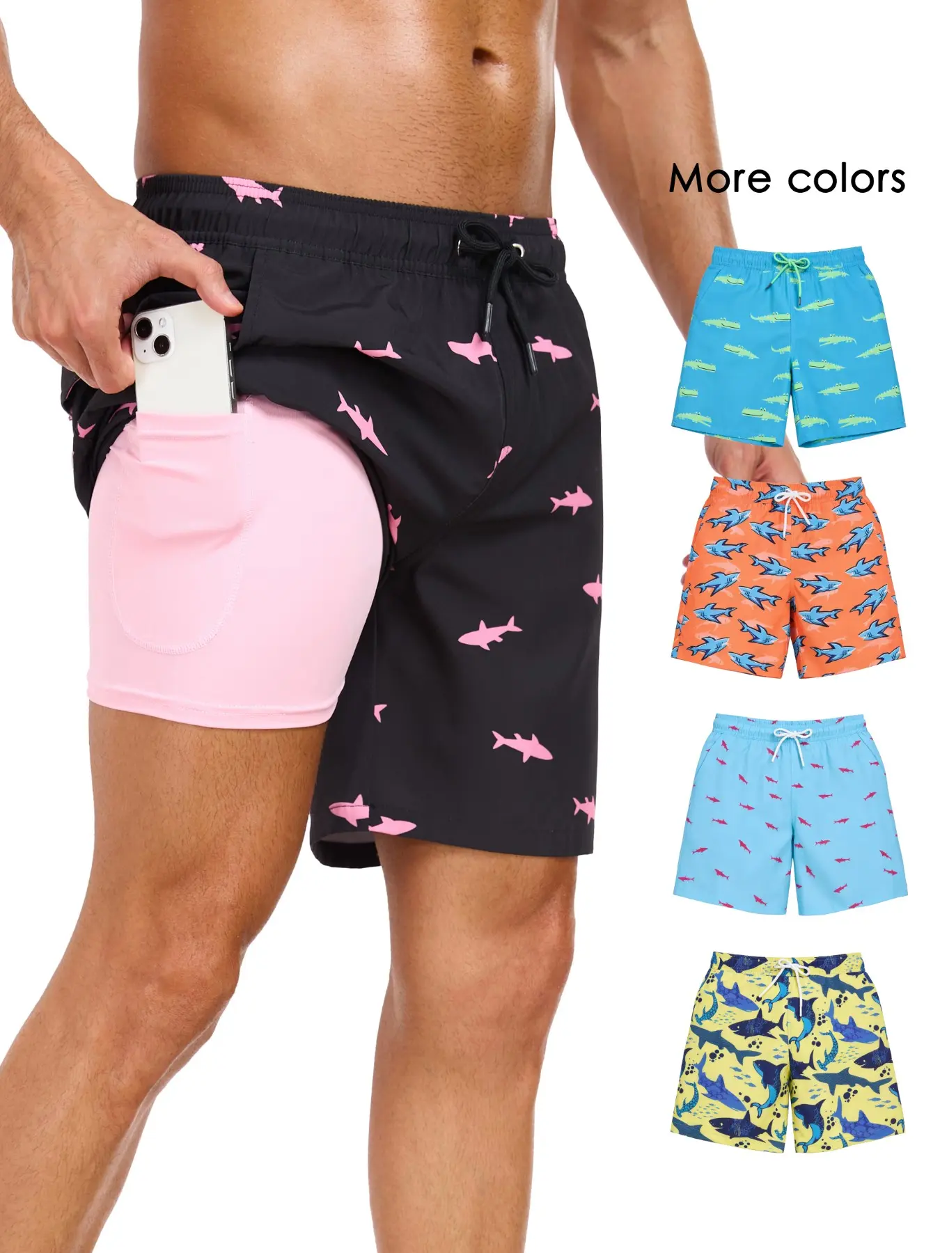 Men's 2-In-1 Summer Swim Trunks with Compression Liner, 7-Inch Swimming Beach Shorts Pants, Quick-Dry Gym Shorts with Compression Lining, Swimwear Shorts for Gym and Pool Vacation Wear, Pockets Swimming Shorts