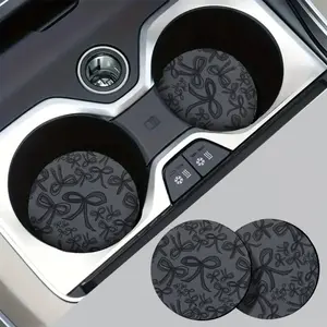 Coquette Aesthetic Car Coasters for Cup Holders, Cute Black Ribbon Bow Print Absorbent Neoprene Car Accessories for Women, Universal Fit,2/4 Pieces Set