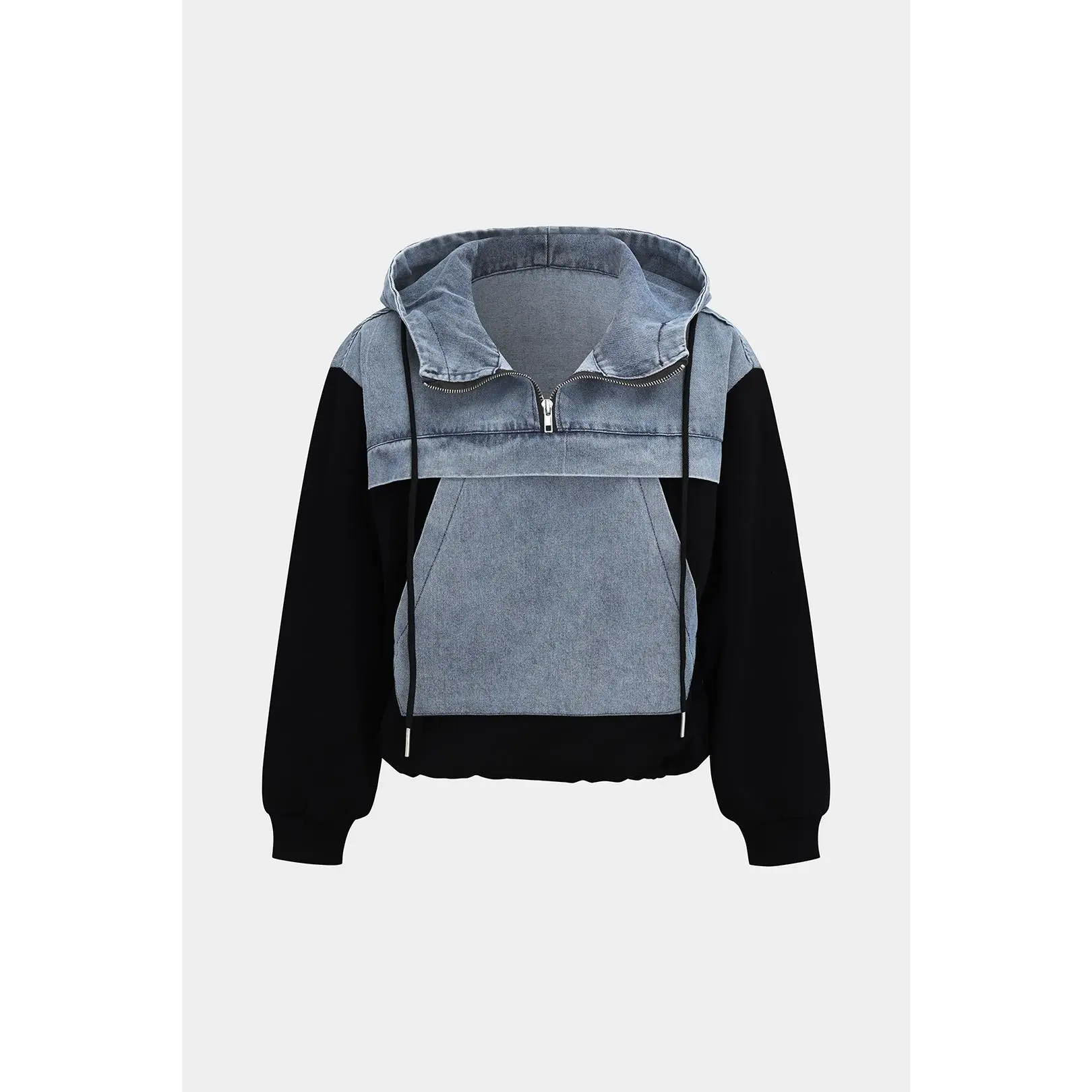 Casual Patchwork Hoodie Sweatshirt for Women, Long Sleeve Loose Fit Pullover with Denim and Polyester Fabric, Sweatshirts, Daily Wear