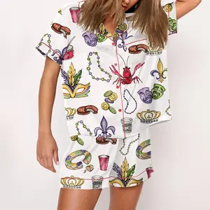 SHESHOW - Mardi Gras Beads King Cake Crawfish Pajama Set For Women Print Comfy Satin Sleepwear & Loungewear Pjs Short Sleeve Top & Bottoms Shorts Without Pockets