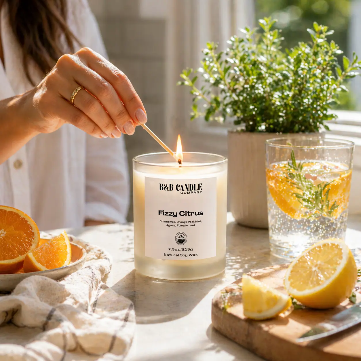 All Natural Fizzy Citrus Soy Candle - Bamboo & Glass Home Decor Light Candle with Bright Orange, Fresh Green Mint Burst Scent, All Natural Candles