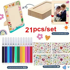 21pcs/set Photo Frame Painting Craft Kit, 5 DIY Unfinished Wood Picture Frames, 12 Colorful Drawing Pens & 4 Gemstone Decals, Sticker Packs