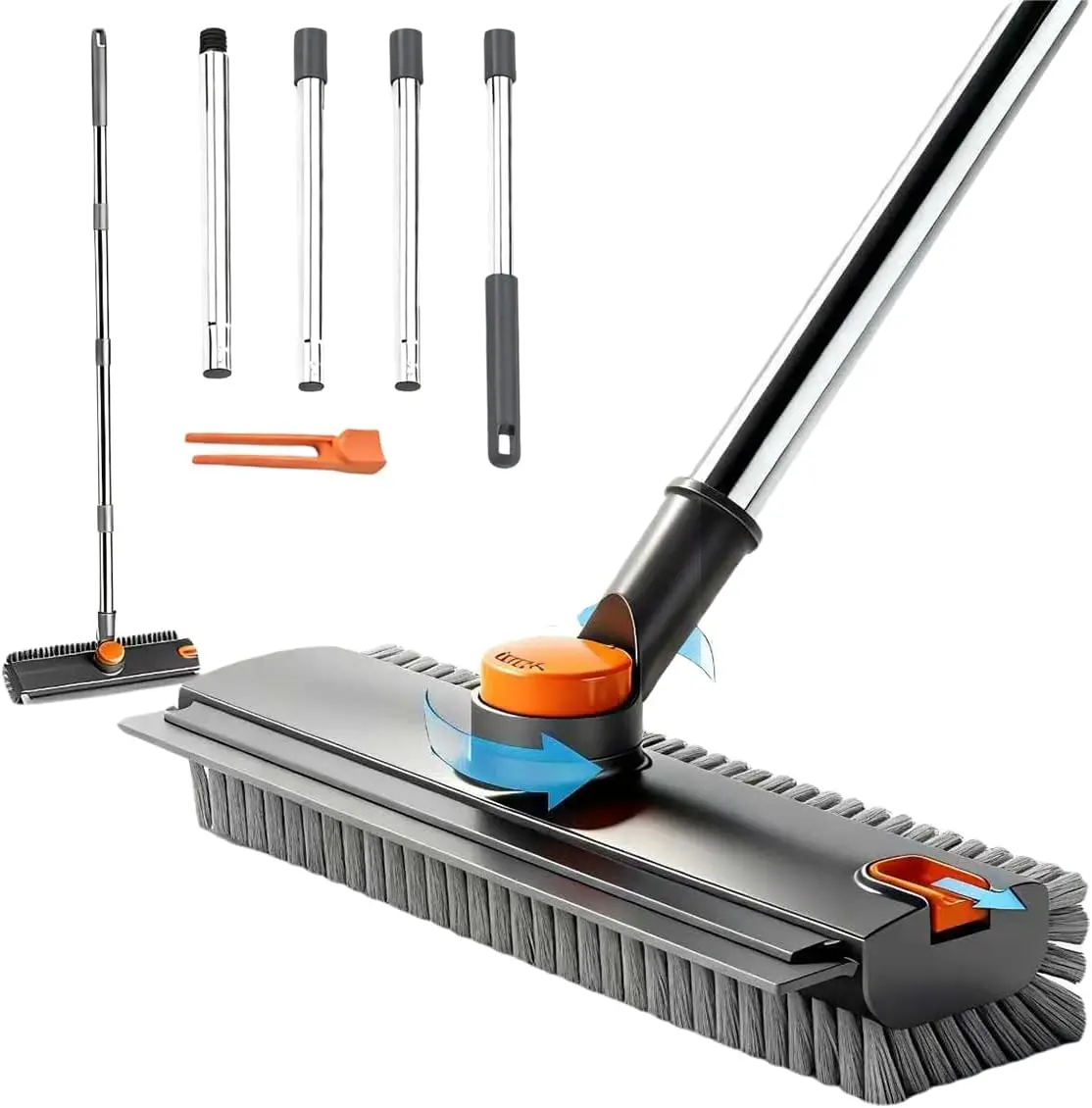3 in 1 Floor Scrub Brush,Floor Scrubber with Squeegee and Tweezer, Push Broom with Long Handle,Heavy-Duty Stiff 90° Bristle Broom for Patio,Shower, Garage,Deck,Tile, Concrete & Wood Surface