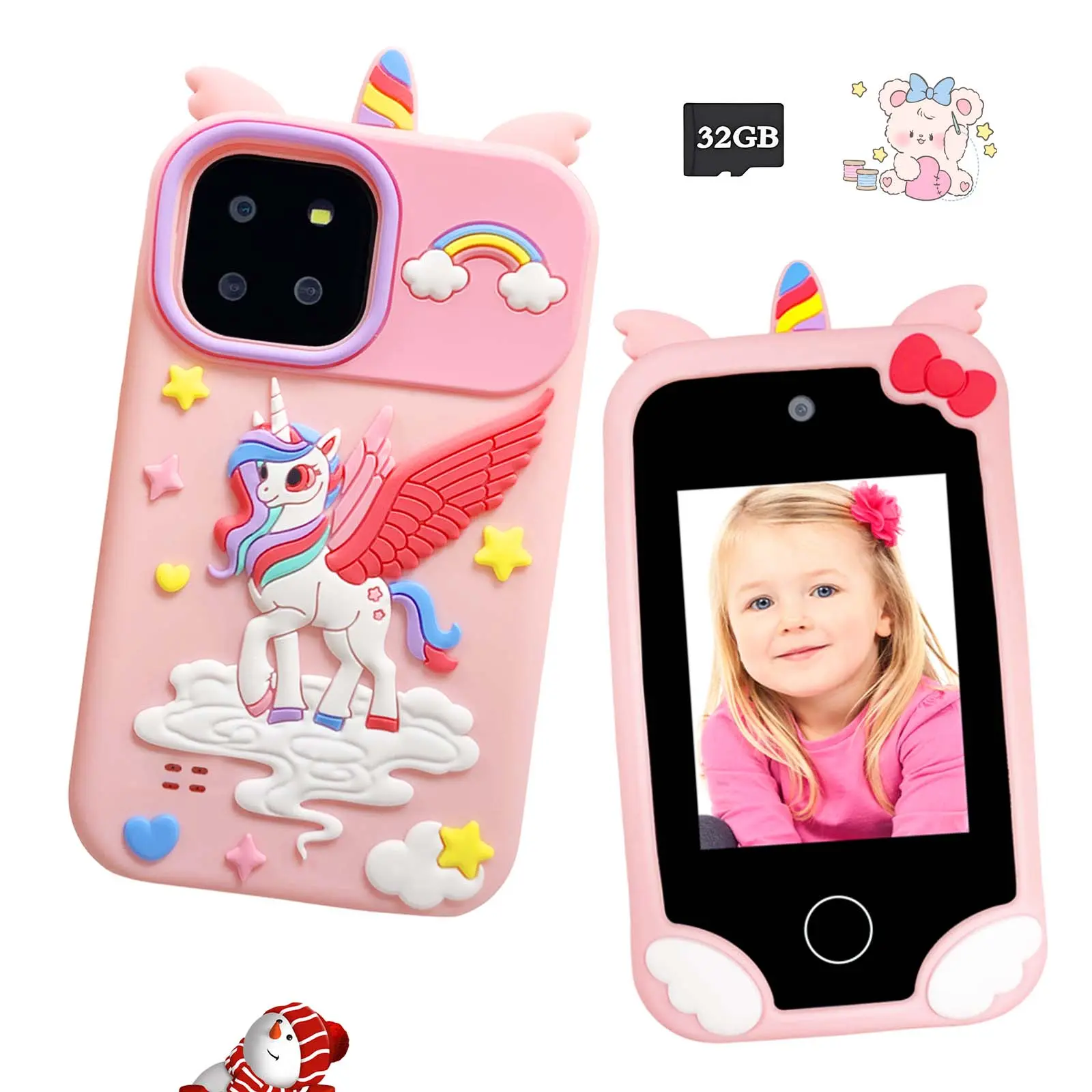 New Unicorn Kids Digital Toy Phone with 32GB Card, 2.8 Inch HD Touchscreen with Selfie Camera, 18 Educational Games & Music Player, Learning Tool, Perfect Holiday Gift for 3-8 Year Old Girls (Pink & Purple)