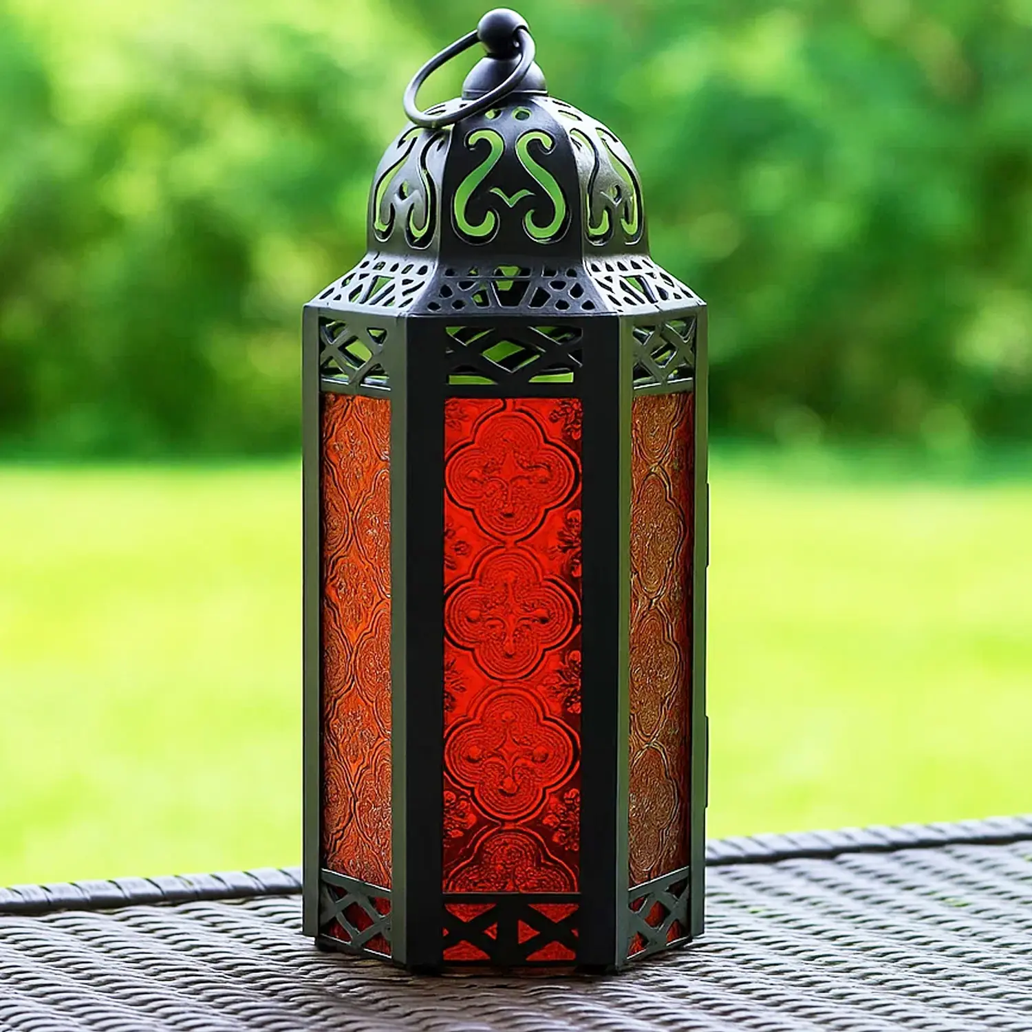 10.5" Red Glass Moroccan Candle Lantern - Decorative Holder Lamp for Table or Hanging, Ramadan  Decorations, Outdoor Patio or Porch, Weddings, Black Metal, Medium
