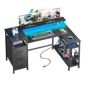 Furologee 47 In Black L Shaped Computer Desk with Charging Station Reversible Gaming Desk LED Lights File Cabinet Monitor Stand Storage Shelves Home Office