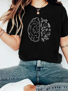 Tiktok Trend Floral Brain Print Tee, Soft Breathable Cotton Loose Fit, Casual Home Wear, Mental Health Awareness, Self Care