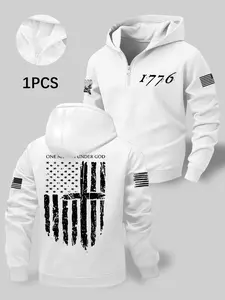 Men's Fall Winter Zipper Design Letter Print Hoodie, Casual Loose Fit Long Sleeve Sweatshirt, Patriotic American Flag Pattern
