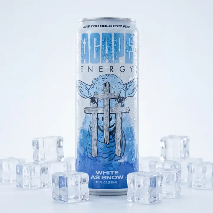 Agape Energy White as Snow Energy Drink – 200mg Natural Caffeine, 1g Sugar, 12 oz Cans, 12 Pack