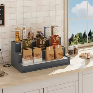 Modern Trapezoid Tabletop Display Shelf with LED Light, Tiered Countertop Rack for Home, Shop & Party, Gray/Brown