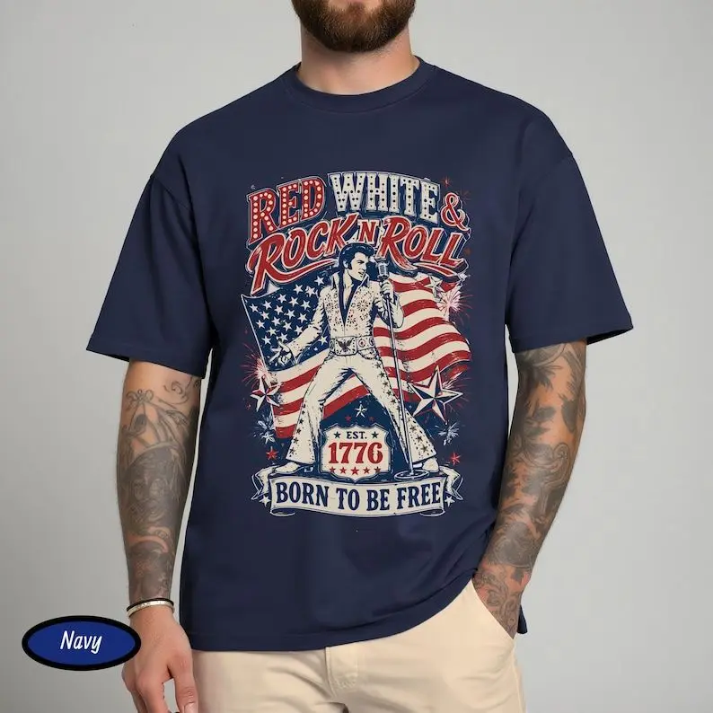Retro Elvis Independence Day Retro Red White And Rock N Roll Shirt, Patriotic Rockabilly Tee Elvis Inspired America 250 Years USA Shirt
