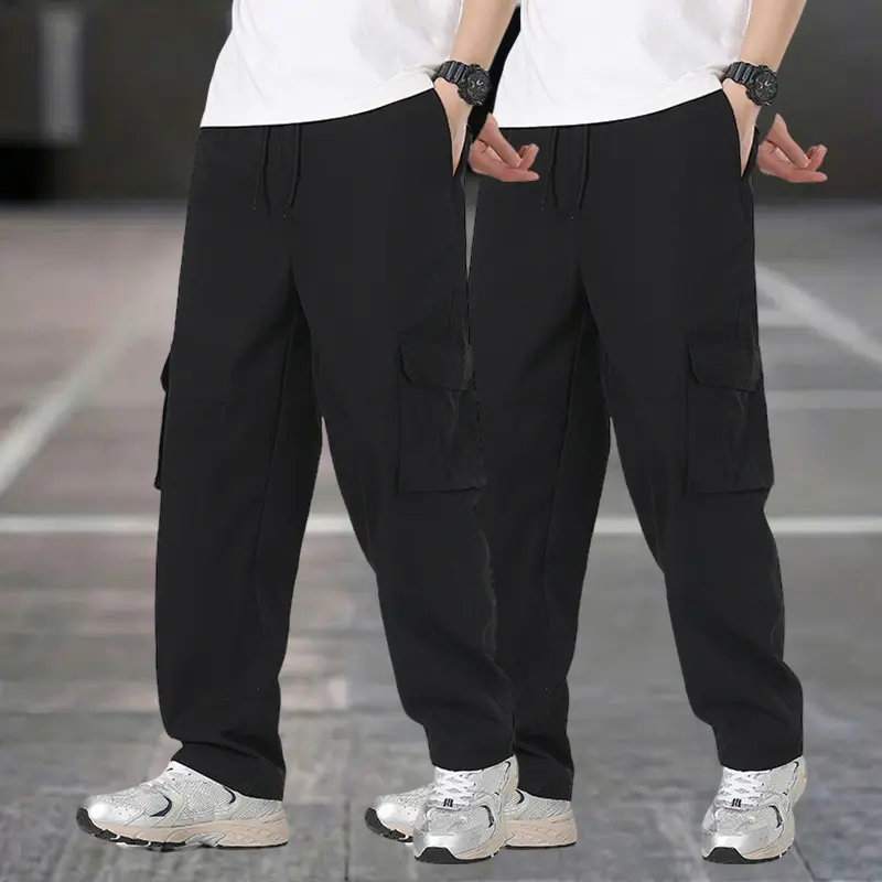 Men’s loose straight-leg cargo pants, 2-pack — lightweight for spring/summer, multi-pocket design; versatile basic American-style casual work pants, suitable as a gift for holidays. Tractor Trouser Short Trouser Plain