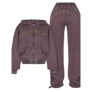 Comfortable Chic Women'S Athletic Set - Adjustable Full-Zip Hoodie & Slim-Fit Pants With Letter Print Design