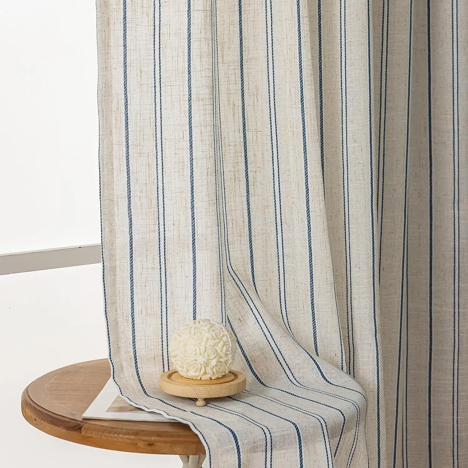 2-Pack 52x84in Yarn-Dyed Wrinkle-Free Blue Vertical Stripe Linen Curtains - Rod Pocket, Light Filtering Semi-Sheer, Rustic Farmhouse Cottage Core Drapes for Living Room, Bedroom