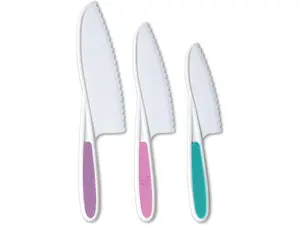 Tovla Jr. Knives for Kids 3-Piece Nylon Kitchen Baking Knife Set: Children's Cooking Knives in 3 Sizes & Colors - Firm Grip, Serrated Edges, BPA-Free Kids' Knives - Multi Green Multi-Pink