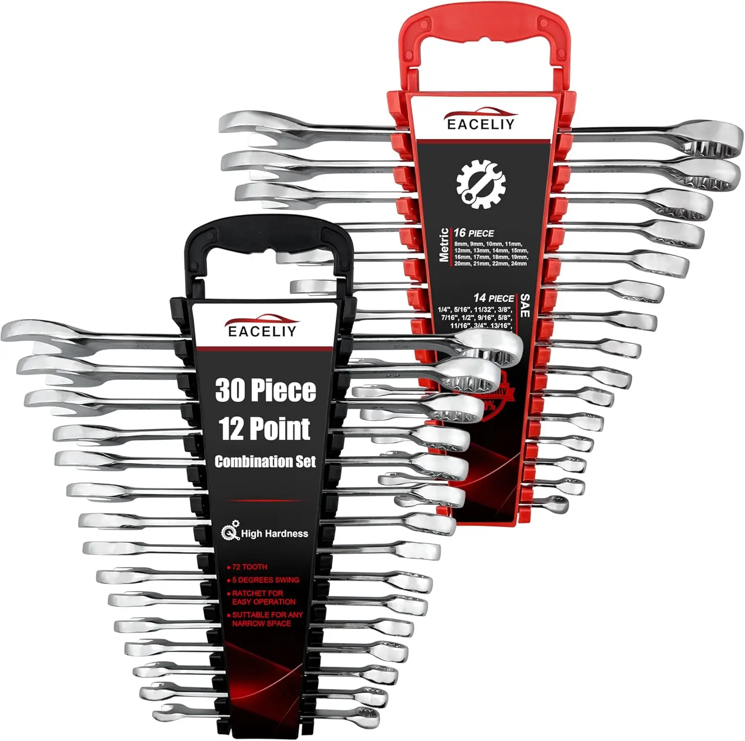 30PCS CR-V Steel Combination Wrench Set - 12 Point, Metric 8-22mm & SAE 1/4-1", 15°Offset Head, High Torque Metal Tool, Leverage-Enhanced, Solvent-Resistant Compact Racks, for Auto Repair
