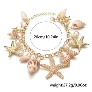 Women’s Costume Jewelry Set – Lightweight Shell Starfish Pearl Bracelets, Bangles, Anklets, Gold Beach Pendants, Bohemian Fringe Tassel Ocean-Themed Accessories, Jesus Cross Necklace, Hip-Hop Punk Chunky Snake Chain for Female Daily & Summer Vacation Use