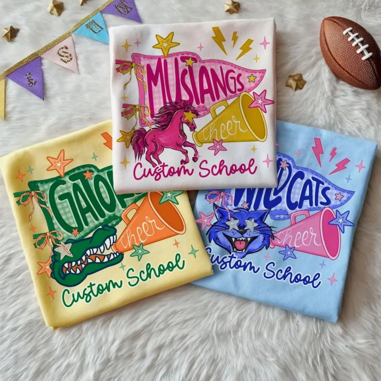 Custom School Spirit Cheer Mascot Shirt, Personalized Pennant Team Shirt, Cheerleader Megaphone Tee, School Spirit Game Day Shirt